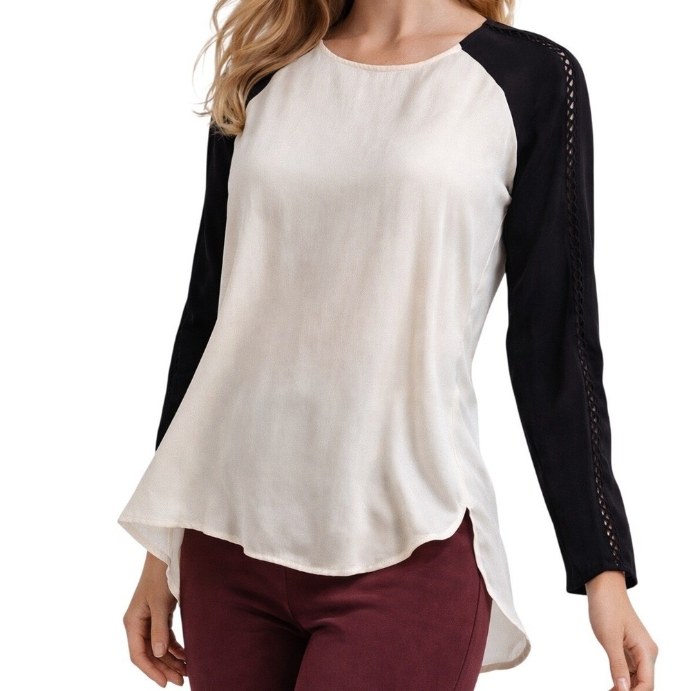 Veronica Beard Silk Raglan Blouse Women's 8 Black Ivory Colorblock Quiet Luxury